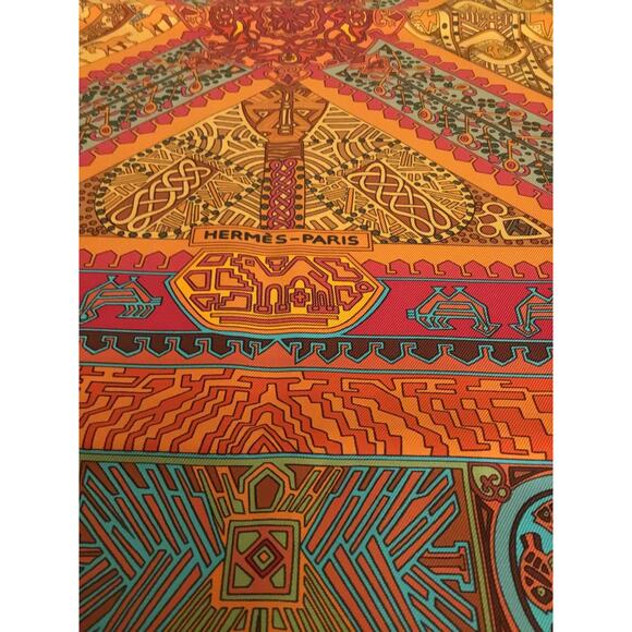 HERMES SUR un TAPIS VOLANT Red/Orange Silk Scarf w/BOX 2006 by Annie Faivre - Picture 5 of 9